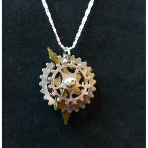 22" Women's Necklace Silver Tone Chain W/ Moving Gears Steampunk Pendant